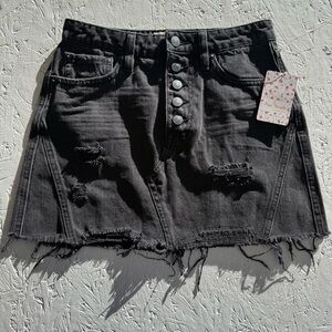 Free People We The Free Black Denim A-Line Distressed Mini Skirt Size 25 Boho